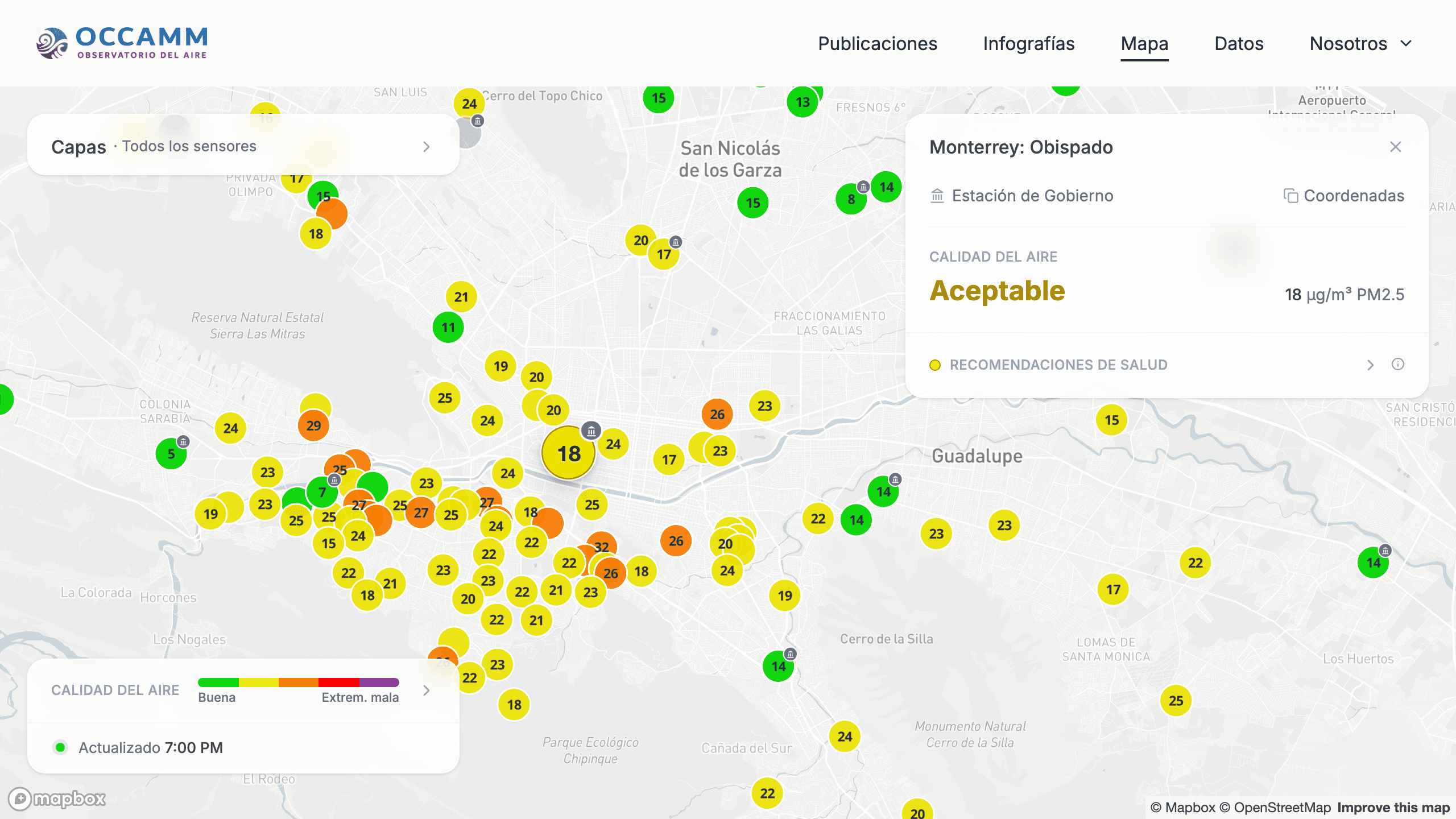 Mapa en vivo de la calidad del aire en el área metropolitana de Monterrey, en observatoriodelaire.com